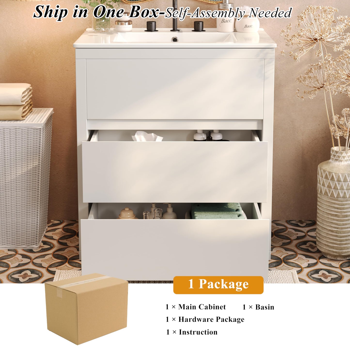 Christopher Knight Home Polla 30" Bathroom Vanity with Ceramic Sink, Wooden Bathroom Vanity Organizer, Soft Closing Door Bathroom Vanity Cabinet, Freestanding Pedestal Sink Storage Cabinet, White