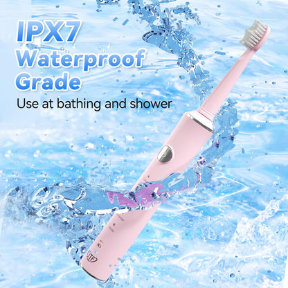 JTF Sonic Electric Toothbrush for Adults: 6 Brush Heads, Travel Bag, Tongue Scraper, 5 Brushing Modes for Teeth, Smart Timer and IPX7 Waterproof, Rechargeable Toothbrush for Deep Cleaning & Whitening