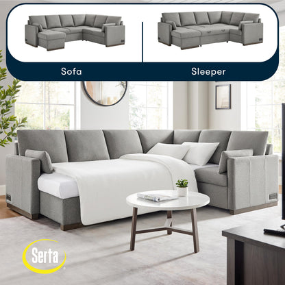 Serta® Emmett 110.2" Convertible Sleeper Sectional, Queen Size, Dreamcoil® Comfort, Reversible Storage Chaise, USB-C and USB-A Power Ports, Woven Fabric, Light Grey