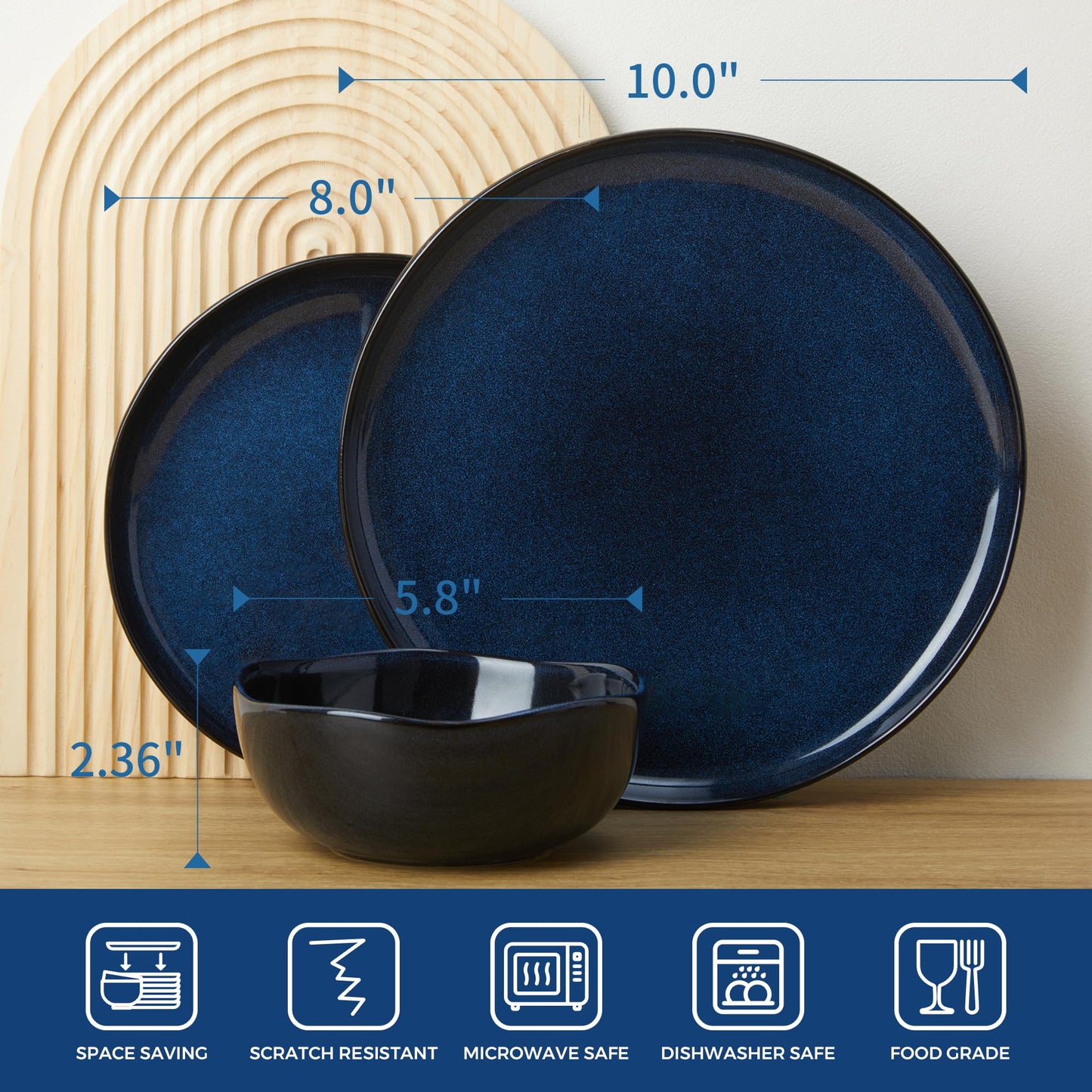Pokini Extra Large Dinnerware Set for 12, 36 Pieces Ceramic Plates and Bowls Set, Kitchen Dish Set, Microwave & Dishwasher Safe Dishware, Ocean-Inspired Stoneware for Big Gatherings, Starry Blue