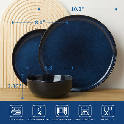 Pokini Extra Large Dinnerware Set for 12, 36 Pieces Ceramic Plates and Bowls Set, Kitchen Dish Set, Microwave & Dishwasher Safe Dishware, Ocean-Inspired Stoneware for Big Gatherings, Starry Blue