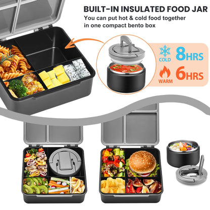 Bento Lunch Box with 8oz Soup Thermo,Kids Leakproof 4 Compartment Lunch Food Containers with Sauce Cup and Ice Pack,Kids Thermo Insulated Hot Food Jar and Lunch Bag for School,Trvael-Black