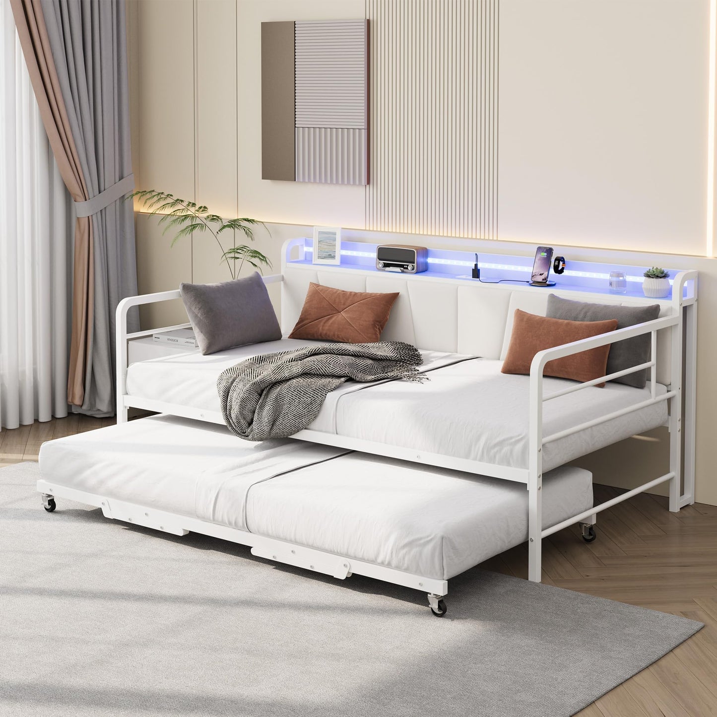 Garvee Twin Daybed with Trundle, Charging Station and LED Light, Linen Upholstered Storage Headboard, Heavy Duty Metal Bed Frame with Pop Up Trundle Bed for Living Room, Bedroom, and Guest Room, White