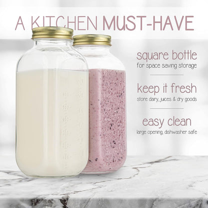 32oz Pack 2 kitchentoolz Large Glass Dairy Bottles for Milk, Yogurt, and More Containers with Measurement Markings