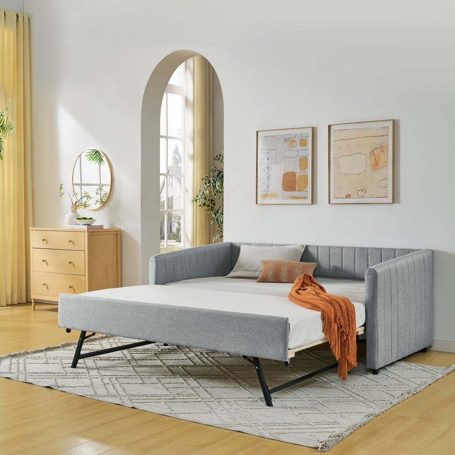 KEIKI Twin Size Upholstery Daybed with Erectable Trundle and Vertical Stripes, Twin to King Design Extendable Linen Sofa Bed, Easy Assembly, No Box Spring Required, for Living Room and Bedroom, Grey