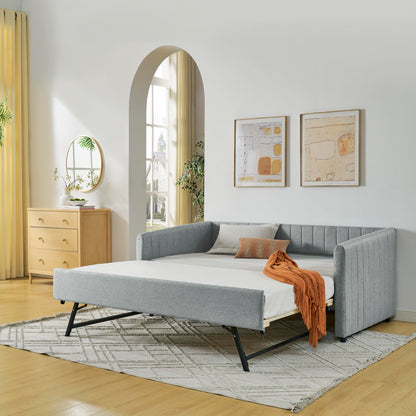 KEIKI Twin Size Upholstery Daybed with Erectable Trundle and Vertical Stripes, Twin to King Design Extendable Linen Sofa Bed, Easy Assembly, No Box Spring Required, for Living Room and Bedroom, Grey