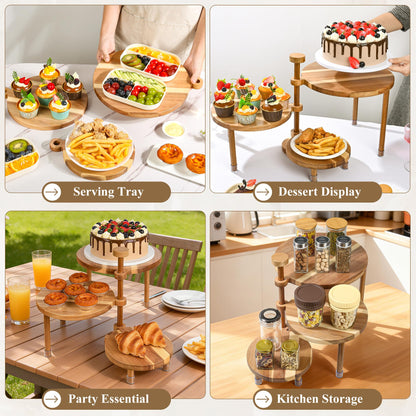 GEHE 3 Tier Round Cupcake Stand, 360° Rotatable Acacia Wood Cake Stand Cupcake Tower, Rustic Wooden Tiered Dessert Table Display Set, Tiered Tray Stands for Birthday, Wedding Party (12-10-8 IN)
