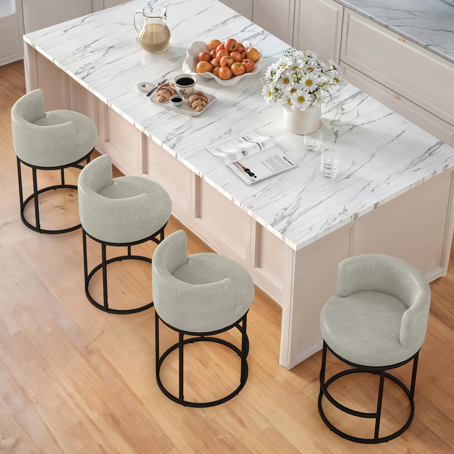 LUE BONA 26.8" Counter Height Bar Stools Set of 3, 180° Swivel Bar Stools, Modern Barrel Counter Stools with Metal Frame, Faux Leather Upholstered Barstools for Kitchen Island, Light Beige Gray