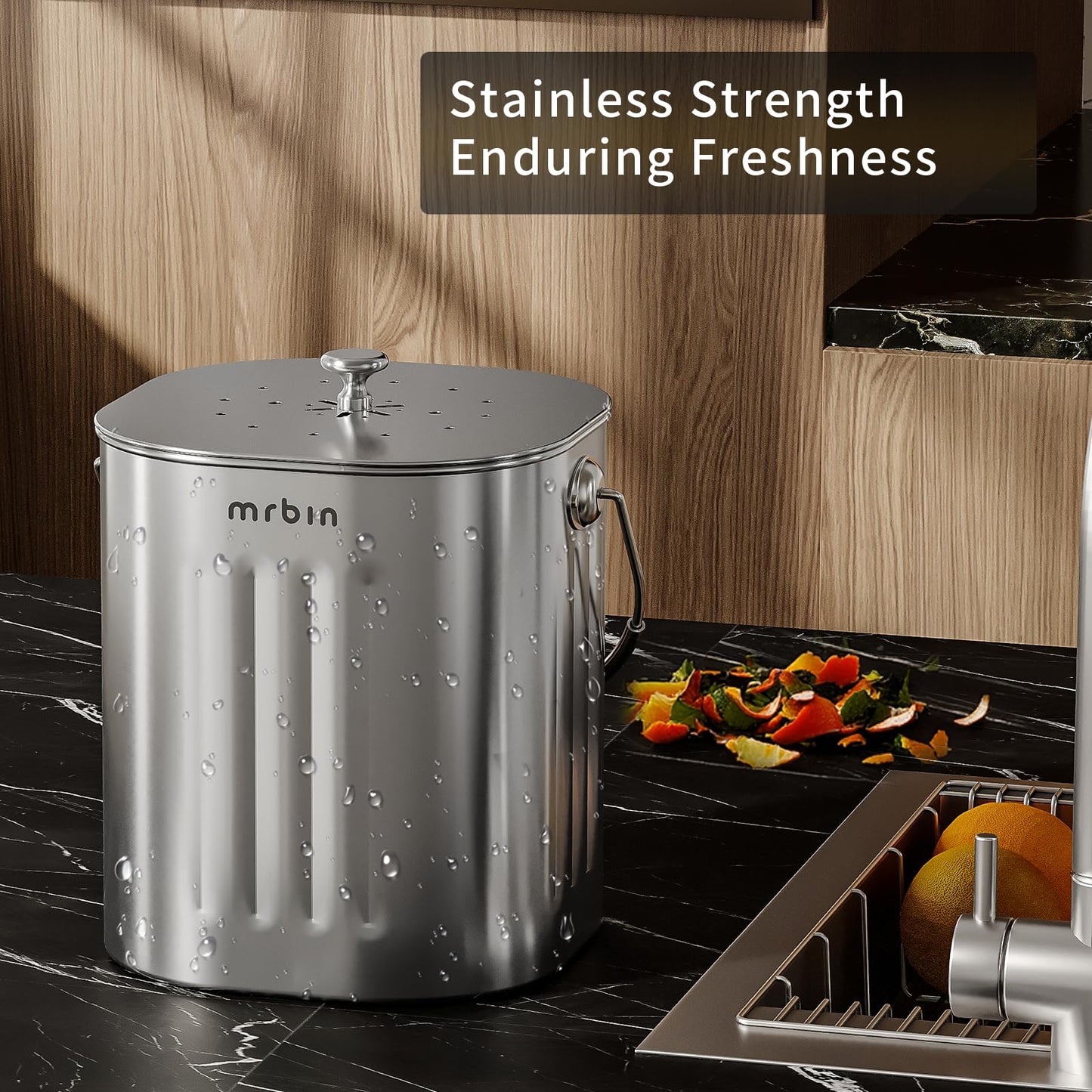MRBIN Stainless Steel Kitchen Compost Bin Countertop Trash Can with Lid and Charcoal Filter, Metal Small Indoor Rubbish Dustbin for Food Waste Recycle