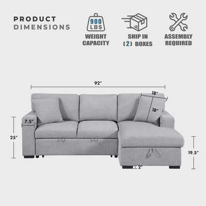 Lexicon 92.5" W L Shape Sectional Couch with Right Storage Chaise and Pull Out Sofa Bed, Sectional Sleeper Sofa with Memory Foam Seat Cushion, Charging Port, Storage Shelf for Living Room, Gray