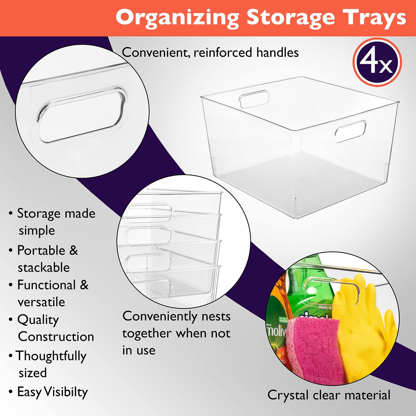 ClearSpace Clear Plastic Storage Bins – XL 4 Pack Perfect for Kitchen,Fridge, Pantry Organization, Cabinet Organizers