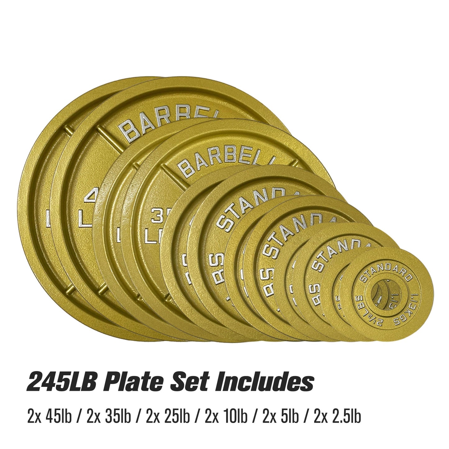 Gold Finish Olympic Steel Plates - Pairs and Sets 2 Inch Barbell Standard in Premium Gold for Weight Lifting (245lb Set)