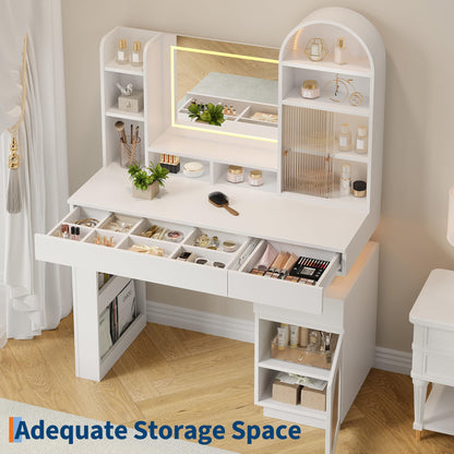 Garvee Vanity Desk with Mirror, LED Lights and Power Outlet Makeup Vanity Table with 3 Drawers and 11 Storage Shelves Dressing Table Set for Bedroom Dressing Room