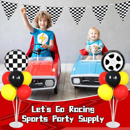 Race Car Party Balloons Kit - 2 Sets with Checkered Foil Balloons | Red, Black & Yellow Birthday Decor for Boys