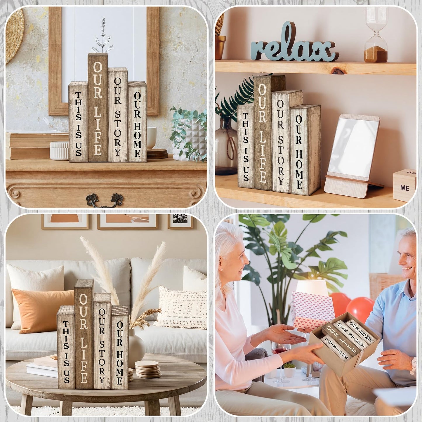 Lineshading 4 Pcs Farmhouse Table Decor Wooden Rustic Our Home Our Story Life Table Centerpiece Farmhouse Book Stack Block Sign for Tabletop Shelf Tiered Tray Desk Living Room Fireplace Home