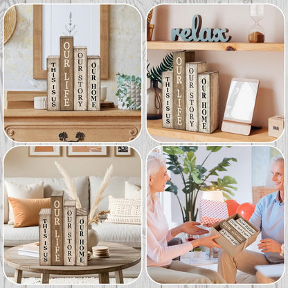 Lineshading 4 Pcs Farmhouse Table Decor Wooden Rustic Our Home Our Story Life Table Centerpiece Farmhouse Book Stack Block Sign for Tabletop Shelf Tiered Tray Desk Living Room Fireplace Home