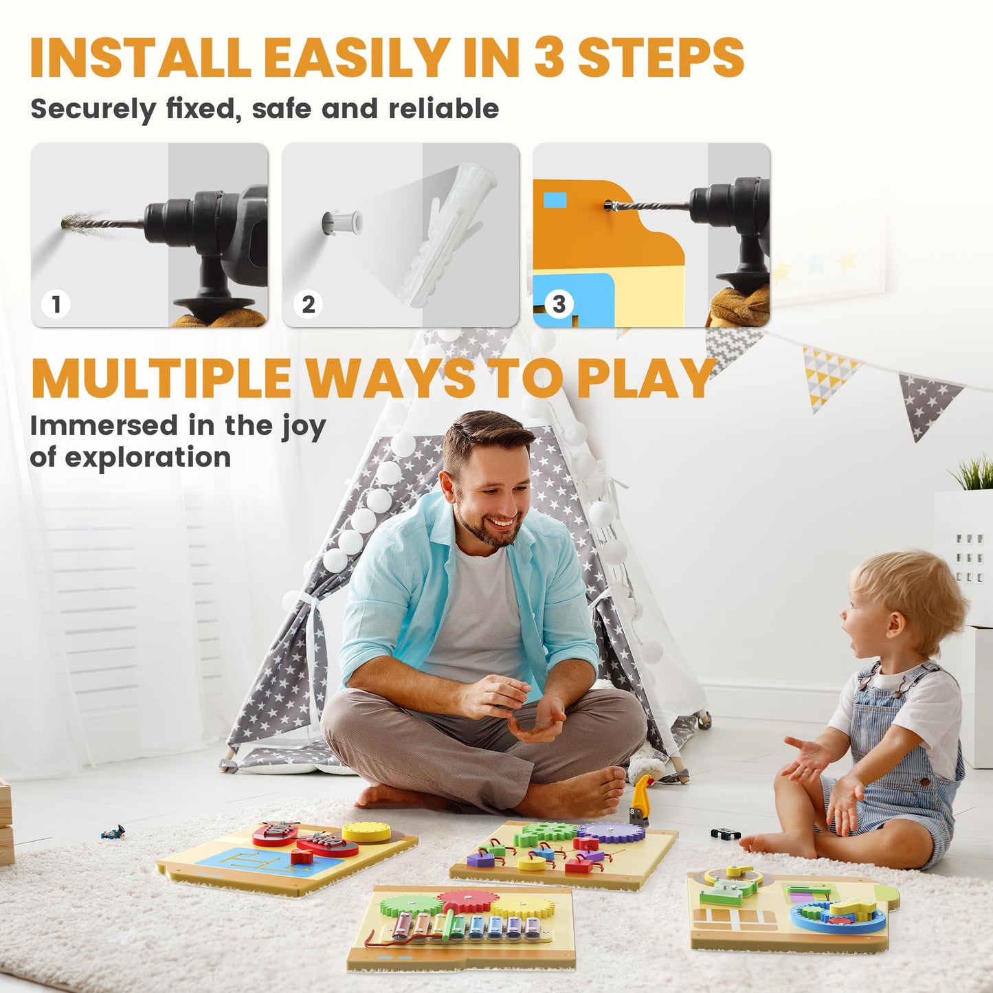 BlueWood 2024 8 in 1 Pikler Triangle Climbing Set, School Bus Wall Busy Board Panels