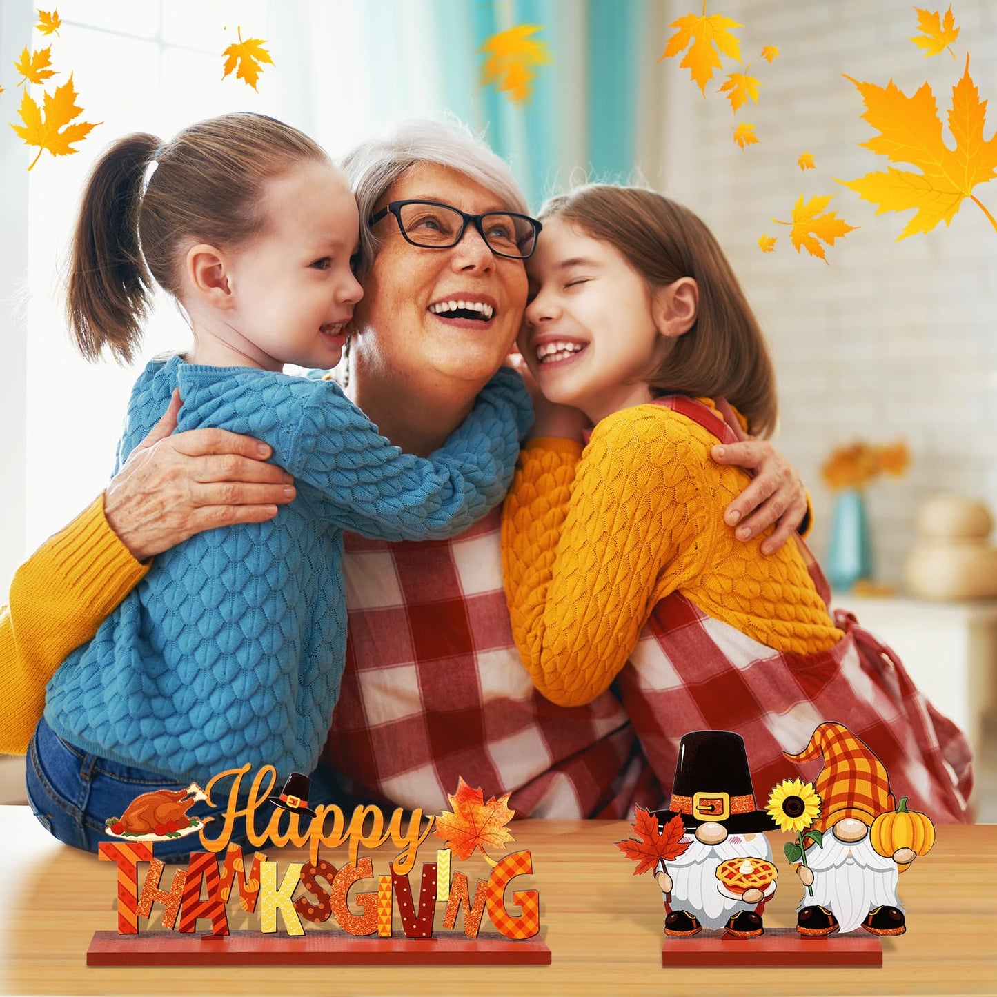 Blosssound 6 Pcs Fall Table Decorations Wooden Thanksgiving Table Signs Hello Fall Truck Gnomes Pumpkin Sunflower Centerpieces for Autumn Harvest Happy Thanksgiving Party Decor Supplies Gifts