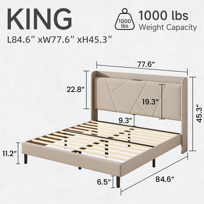 King Size Linen Bed Frame, Storage Headboard with Charging Station, Upholstered Platform Bed with Wooden Slats Support, Solid and Stable, Noise Free, No Box Spring Needed, Easy Assembly, Beige