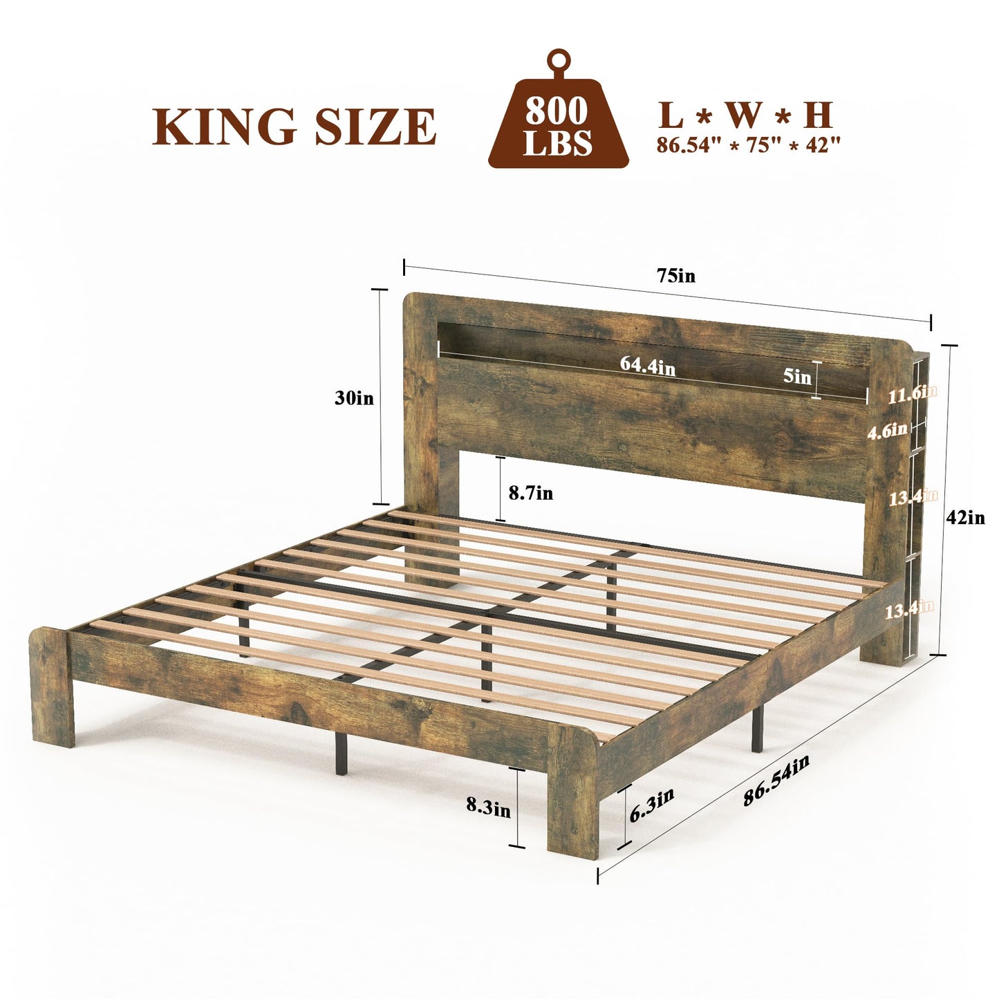 KEIKI Bed Frame King Size, Wood Platform Bed Frame with Storage LED Light Headboard and 2 USB, Noise Free, No Box Spring Needed and Easy Assembly Tool, Large Under Bed Storage, Dark Brown