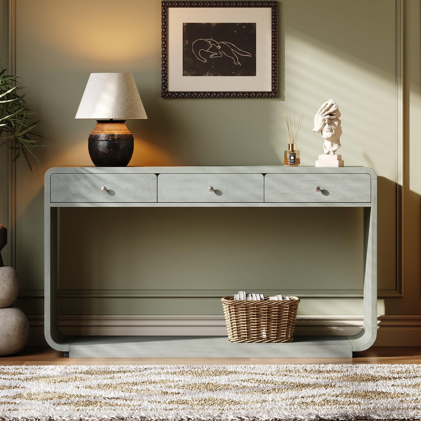 Christopher Knight Home Hiro Narrow Console Table with Storage, Wood Entryway Table with 3 Drawers and 1 Bottom Shelf, Long Entryway Table with Storage, Display Table with Curved Design, Sage Green