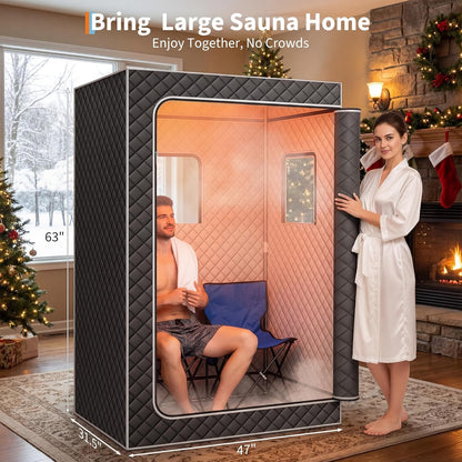 Upgraded 2 Person Portable Infrared Sauna Box – 4L 1500W Steamer, Full Body Home Spa, 99-Min Timer, Explosion-Proof Zip, Collapsible Chairs, Remote Control, Indoor/Outdoor, Silver Coated, 120*80*160cm