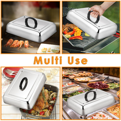 Leonyo 13" x 9" Rectangular Basting Cover Set of 2, Stainless Steel Heavy Duty Metal Cheese Melting Dome Lid for Outdoor & Indoor, Food Cover for Griddle, Dishwasher Safe