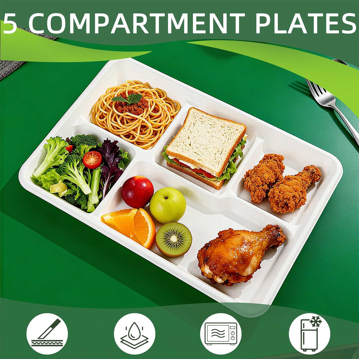 WELLIFE 100% Compostable 5 Compartment Paper Plates, 100 Pack Disposable School Lunch Trays Divided Plates for Adult Youth, 12.5 * 8.6 inch Heavy Duty Eco-Friendly Bagasse Plate for Buffet and Party