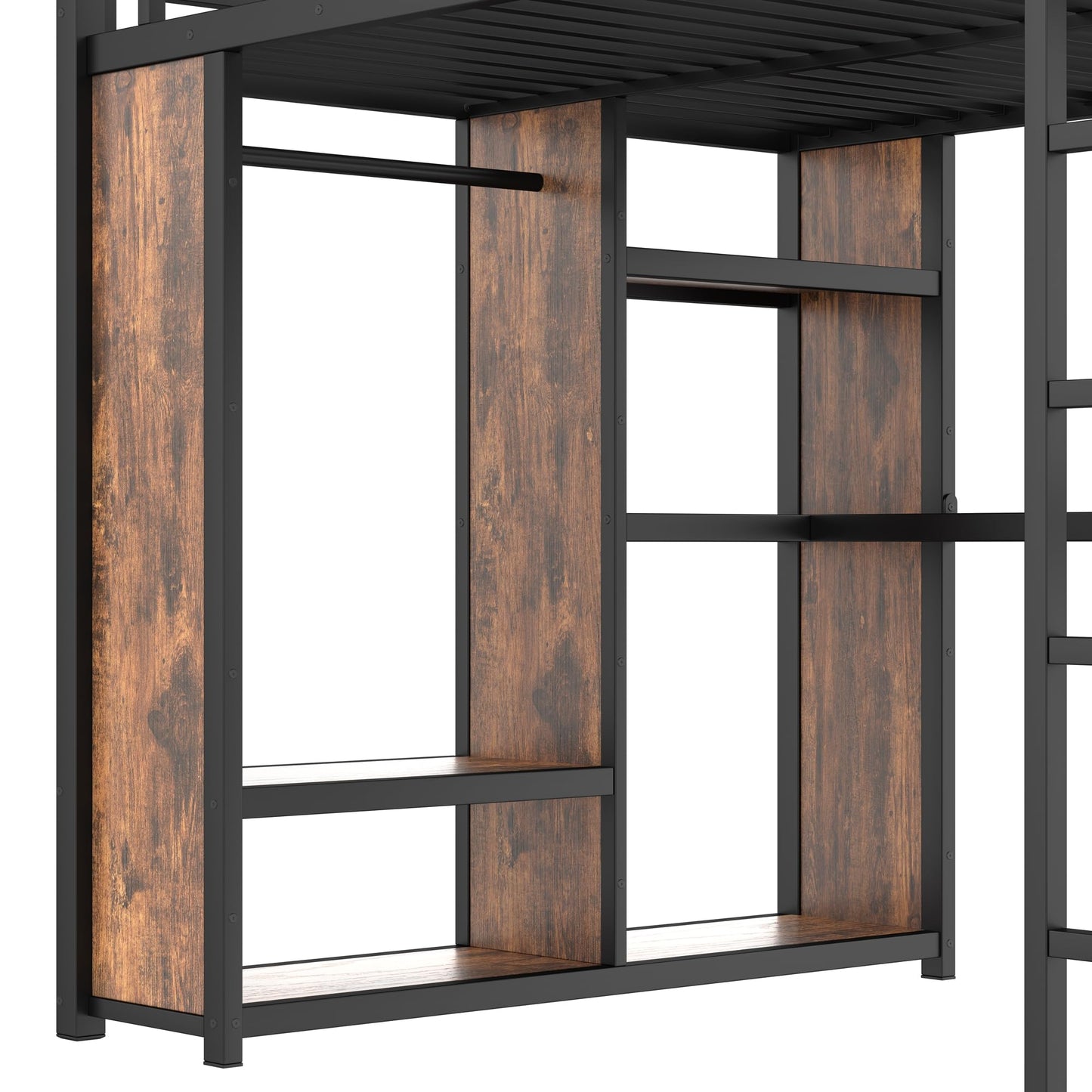 Bellemave Queen Size Loft Bed with Desk and Storage Shelves, Queen Loft Bed with Wardrobe and Hanging Rod, Game Loft Beds with Guardrail, Heavy Duty Loft Beds for Adults, Teens, Black Woodgrain