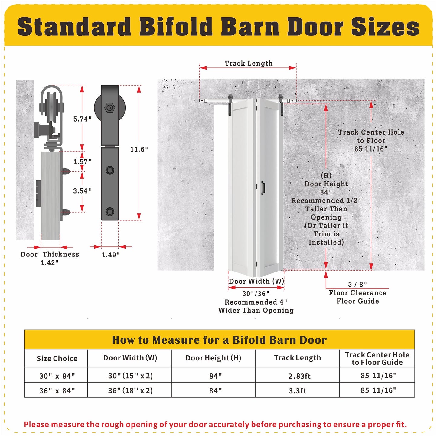 SOLRIG Bifold Barn Door, 1-Panel Sliding Barn Door for 30"（15" x2） x 84" Openings, Interior Folding Door with Sliding Hardware Kit Set, Finished Closet Door Slab, 2.83FT Track for 2 Doors, MDF, White
