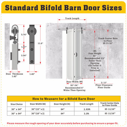 SOLRIG Bifold Barn Door, 1-Panel Sliding Barn Door for 30"（15" x2） x 84" Openings, Interior Folding Door with Sliding Hardware Kit Set, Finished Closet Door Slab, 2.83FT Track for 2 Doors, MDF, White