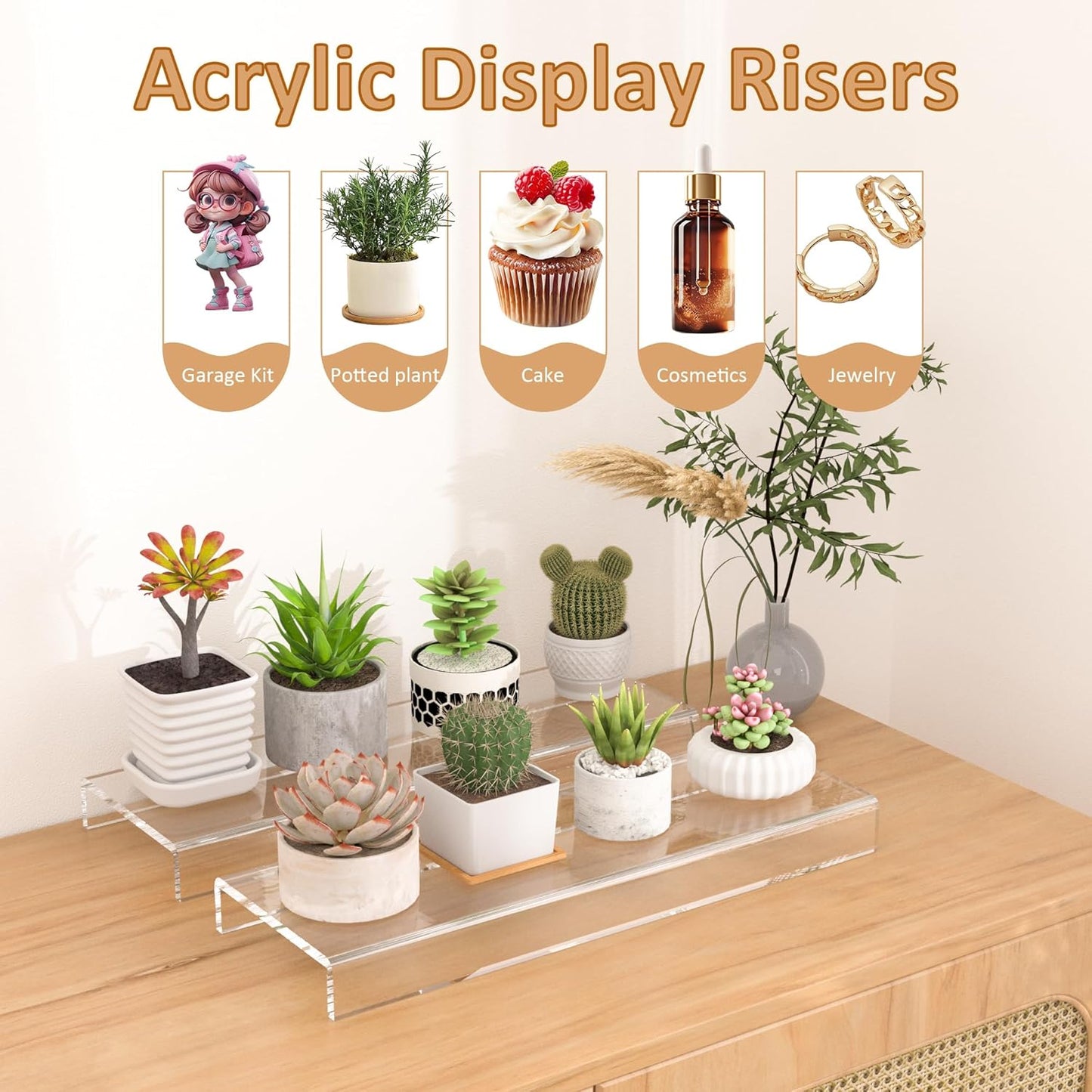 12x3.9x1 pack 2, 12 12x3.9x1 Inch Sezanrpt Acrylic Shelf Riser of Clear Display Shelf for Shoes, Glasses, Plants, Home