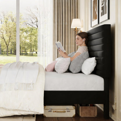 SHA CERLIN King Size Platform Bed Frame with Adjustable Headboard, Velvet Upholstered Bed with Under-Bed Storage, Modern Horizontal Channel Tufted, Wood Slats Support, No Box Spring Needed, Black