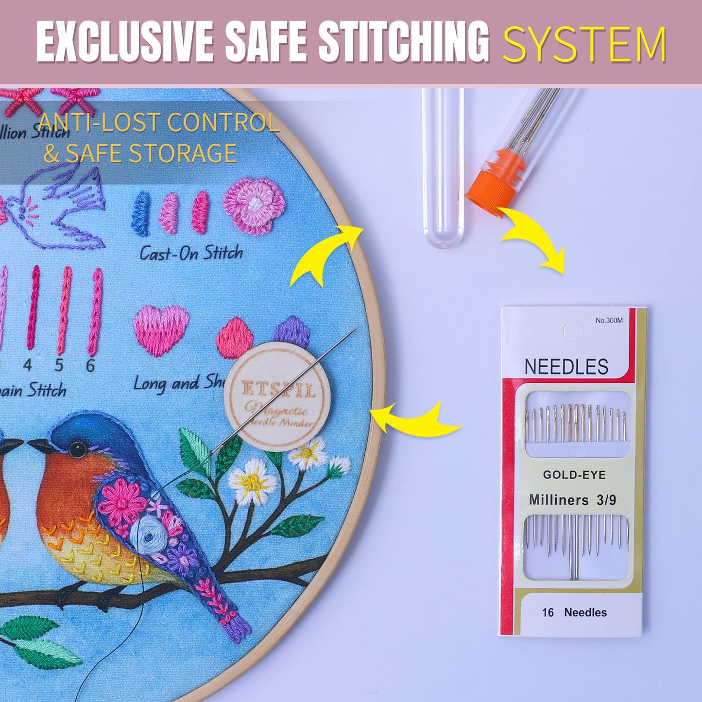 ETSPIL Beginner Embroidery Kit for Adults, 3-Pack Full-Color Stamped Animal Designs, Companionship Theme, Master 19 Stitches with 4K Step-by-Step Videos & Needle Minder, Easy Craft Gift for Teens