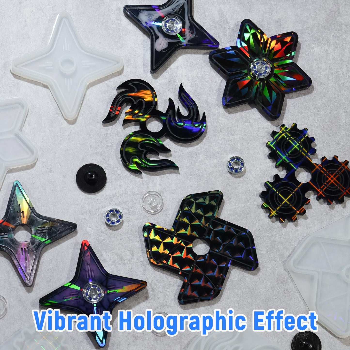 NiArt DIY Epoxy Resin Fidget Spinner Molds Set – 5 Holographic Silicone Casting Molds with Rainbow Texture, 15 Bearings, 15 Pairs Plastic Caps & Organizer Box for Handmade Finger Toys & Craft Projects