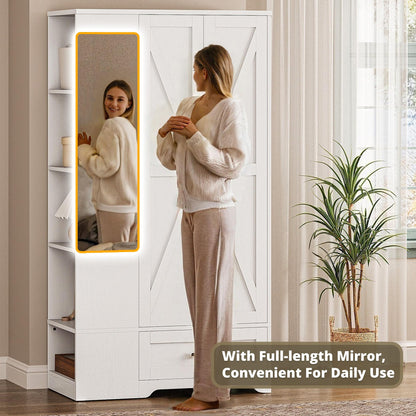 LIKIMIO 70" Tall Wardrobe Closet with Mirror, Side Shelves & Drawer, Freestanding Bedroom Armoire with Hanging Rod, X Barn Door Storage Cabinet for Bedroom, White