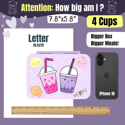 BEARFOOT Kids Lunch Box with Compartments – Compact & Lightweight | Leak-Proof, BPA-Free, Dishwasher Safe | Hand-Drawn Design for Preschool, School, Travel (BubbleTea Purple, 4 Cups)
