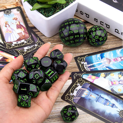 AUSTOR 15 Pieces Complete Polyhedral Dice Set D3-D100 Game Dice Set with a Leather Drawstring Storage Bag for Role Playing Table Games(Black & Green)