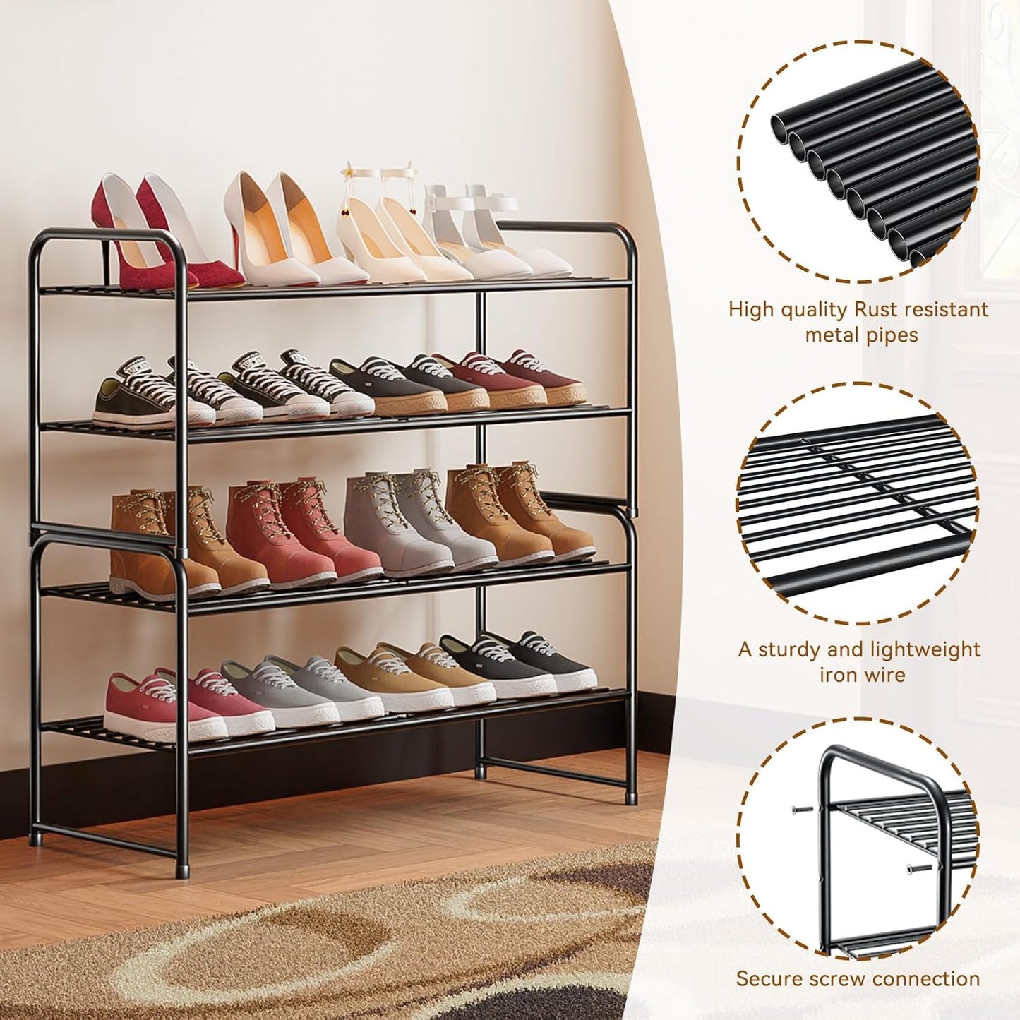2 32.5" Tier Shoe Rack, Wide Shoe Organizer Sturdy Metal for Entryway, Garage, Shoe Shelf Stand for Small Space