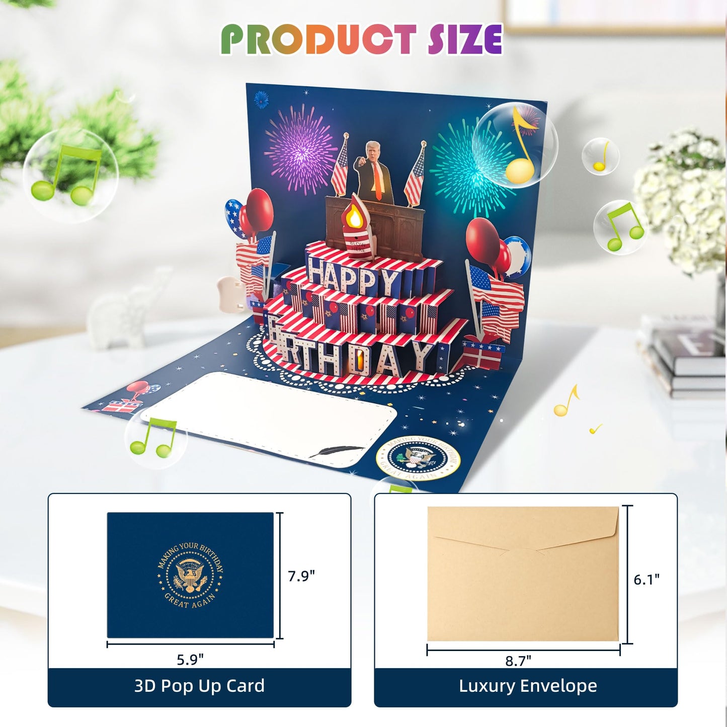 BELLESTILE Donald Trump Birthday Card with Lights and Music,3D Pop Up Fireworks Birthday Card with Blowable Candle,Greeting Cards,Birthday Gifts for Mom Women Men Kids Child Dad Father Wife ﻿