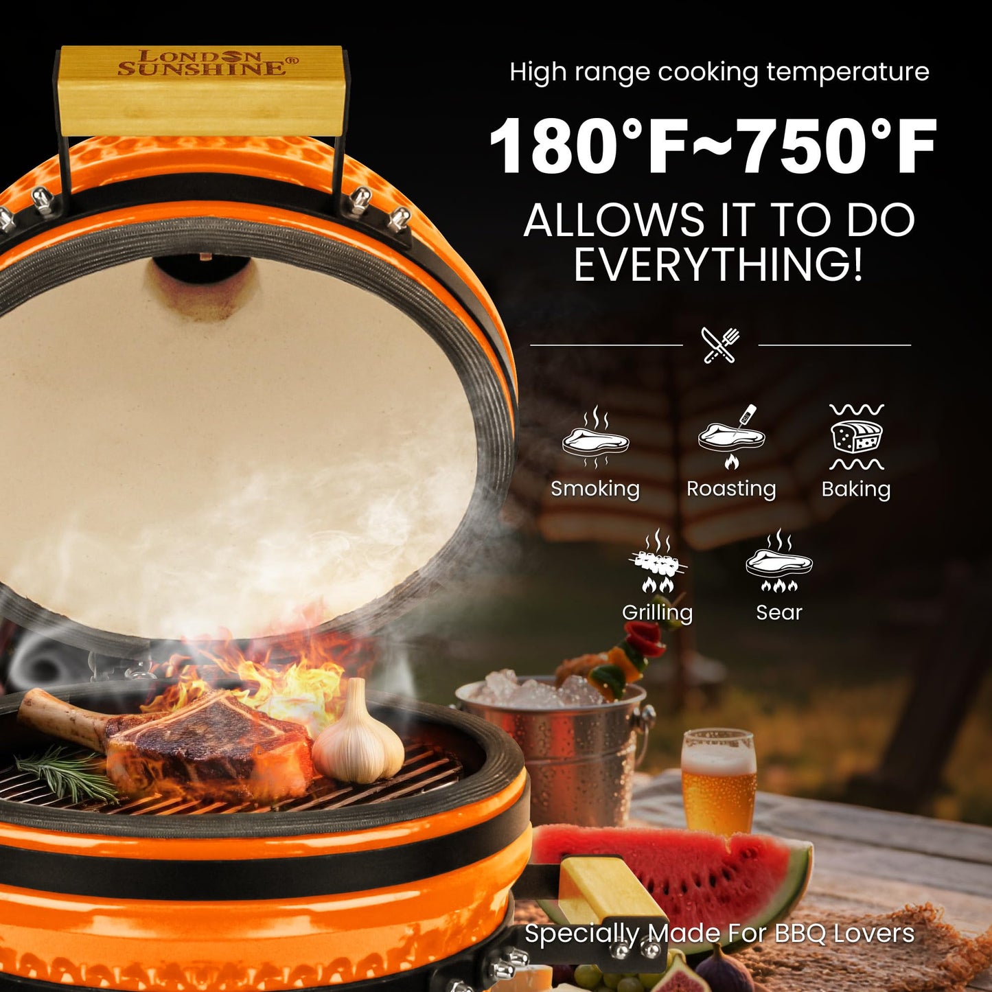 Upgraded 13 inch Ceramic Kamado Grill with Waterproof Air Vent Cap | Portable Tabletop Charcoal BBQ Grill Smoker for Outdoor Cooking, Patio, Camping | Orange