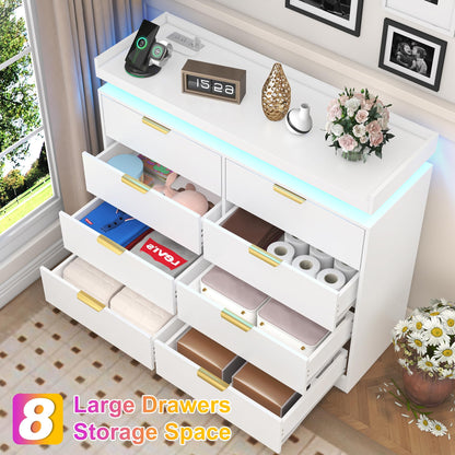 knoworld 8 Drawer Dressers for Bedroom, White Dresser with LED Lights and Power Outlet, Wood LED Dresser, Double Wide Modern Chest of Drawers for Bedroom, Entryway, Hallway