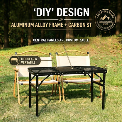 Portable Folding Aluminum Camping Table — IGT-Compatible Modular Camp Kitchen Table, Carbon Steel Mesh Top with Tactical Hooks & Carry Bag, for Camping Picnic Tailgating BBQ Outdoor Cooking