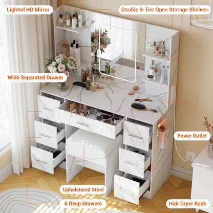GarveeTech Makeup Vanity with Mirror, Light and Chair, Power Outlet, Hairdryer Holder, 7 Drawers, 3 Lighting Modes Brightness Adjustable Dressing Table for Bedroom