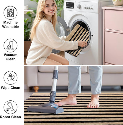 OLANLY Striped Rug - Washable Brown and Black Cotton Doormat 4' x 6' for Indoor/Outdoor Use