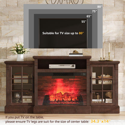 AMERLIFE 70" Farmhouse Fireplace TV Stand for TVs up to 80", Media Console with Storage Cabinets & Adjustable Shelves, Entertainment Center with 28" Electric Fireplace for Living Room, Rustic Brown