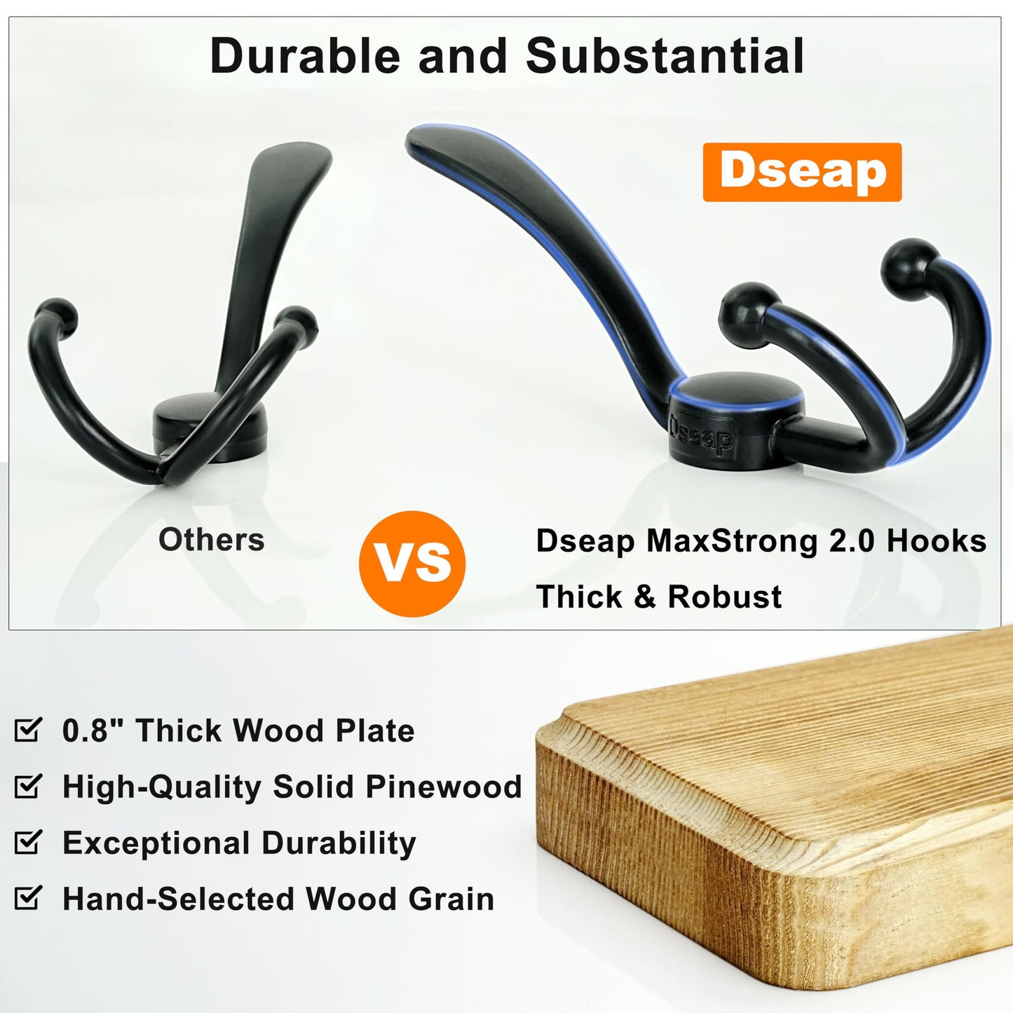 Dseap Coat Rack Wall Mounted - 5 Tri Hooks, Heavy Duty, Wooden Wall Coat Hanger Coat Hook for Clothes Hat Jacket Clothing, Natural & Black