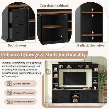 Ball & Cast 94.8" Entertainment Center Wall Unit with Bookshelf for TVs Up to 70",Farmhouse Large TV Stand with Walnut Adjustable Shelves,Retro Media Console with 4 Drawers for Living Room,Black