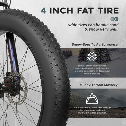 Outroad Mountain Bike Fat Tire with 4-Inch Tire 26 inch Wheels, 21 Speed with High Carbon Steel Frame, Double Disc Brake and Front Suspension Anti-Slip Bikes, Purple