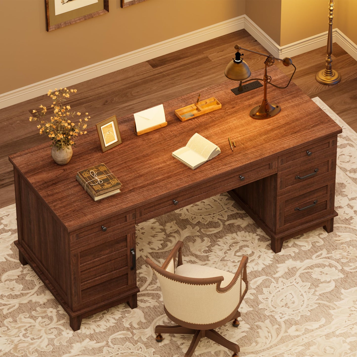 IDEALHOUSE Farmhouse Executive Desk 60 Inch, Wooden Home Office Desk with Adjustable Storage Cabinet, Built-in Charging Port, File Cabinet for Writing & Study, Elegant Workstation, Retro Brown